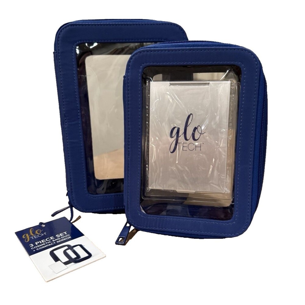 Glo Tech Cosmetic Set 2 Bags + Mirror Gr8 Mah Jongg Tile Bag Blue NEW Fast Ship